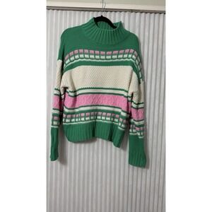 &merci Green Pink Striped Chunky Knit Pullover Sweater Mock Neck Size L